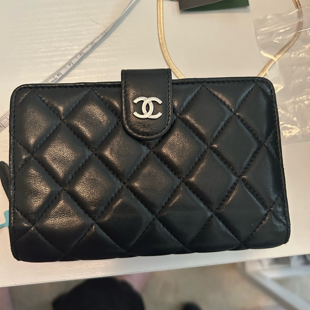 Chanel Black and Silver Lamb Skin Quilted Wallet